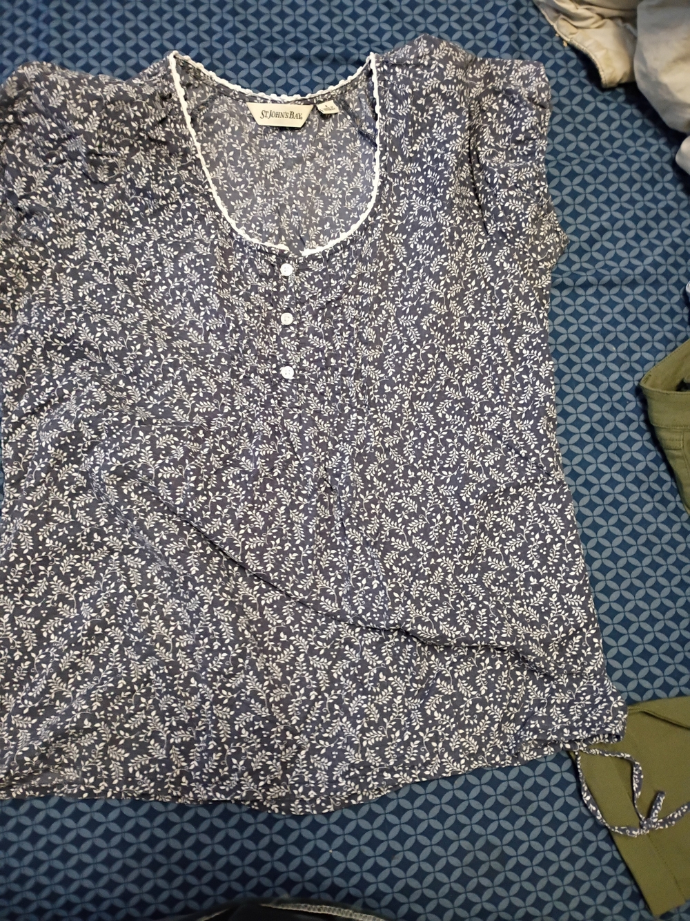St. John's Bay Navy and White Floral Short-Sleeve Peasant Blouse